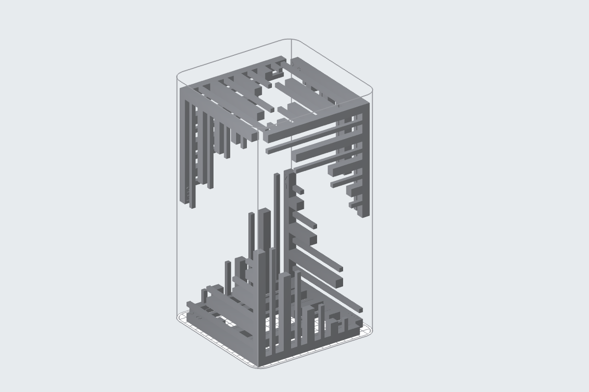 Контрольні блоки для тесту точності SLS у камері побудови Formlabs Fuse, розставлені по кутах у PreForm