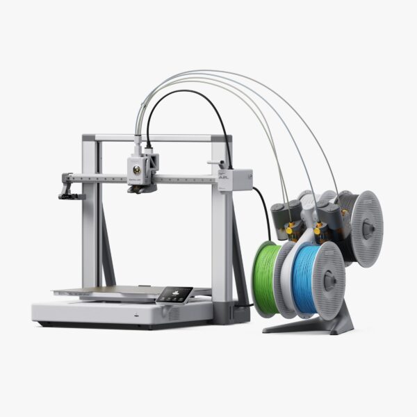 3D принтер Bambu Lab A2L Combo із системою AMS lite та чотирма котушками філаменту на білому фоні