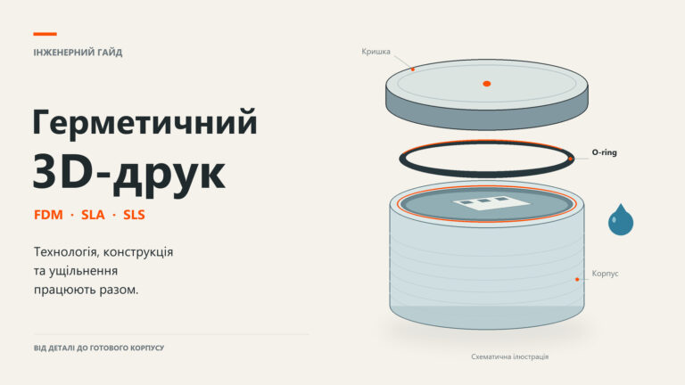 Схема герметичного 3D-друкованого корпусу: кришка, ущільнювальне кільце O-ring і корпус